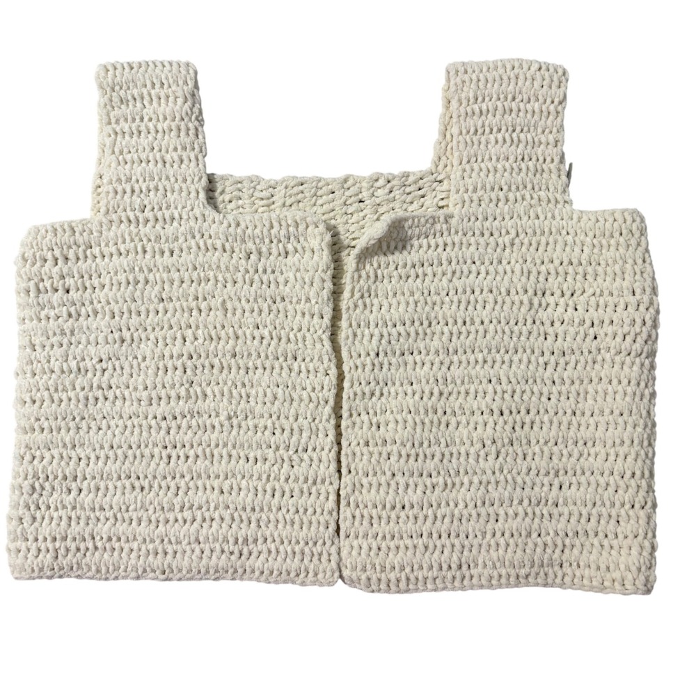 Handmade Crochet Chenille Vest Ivy Cream Chunky Knit Open Front Boho Sleeveless